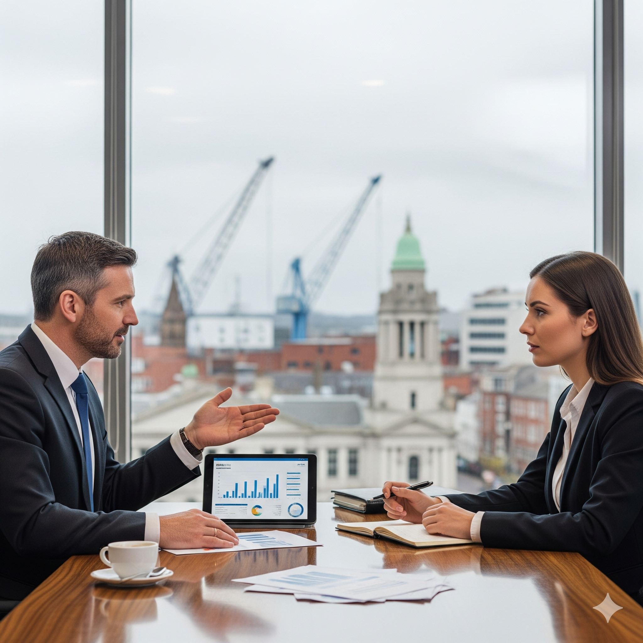 business-banking-advice A professional image of a business banking advisor meeting with a small business owner in a modern office in Belfast, Northern Ireland. The advisor is discussing financial plans on a tablet, with the city's skyline visible through the window, symbolizing expert local advice for businesses in the region.