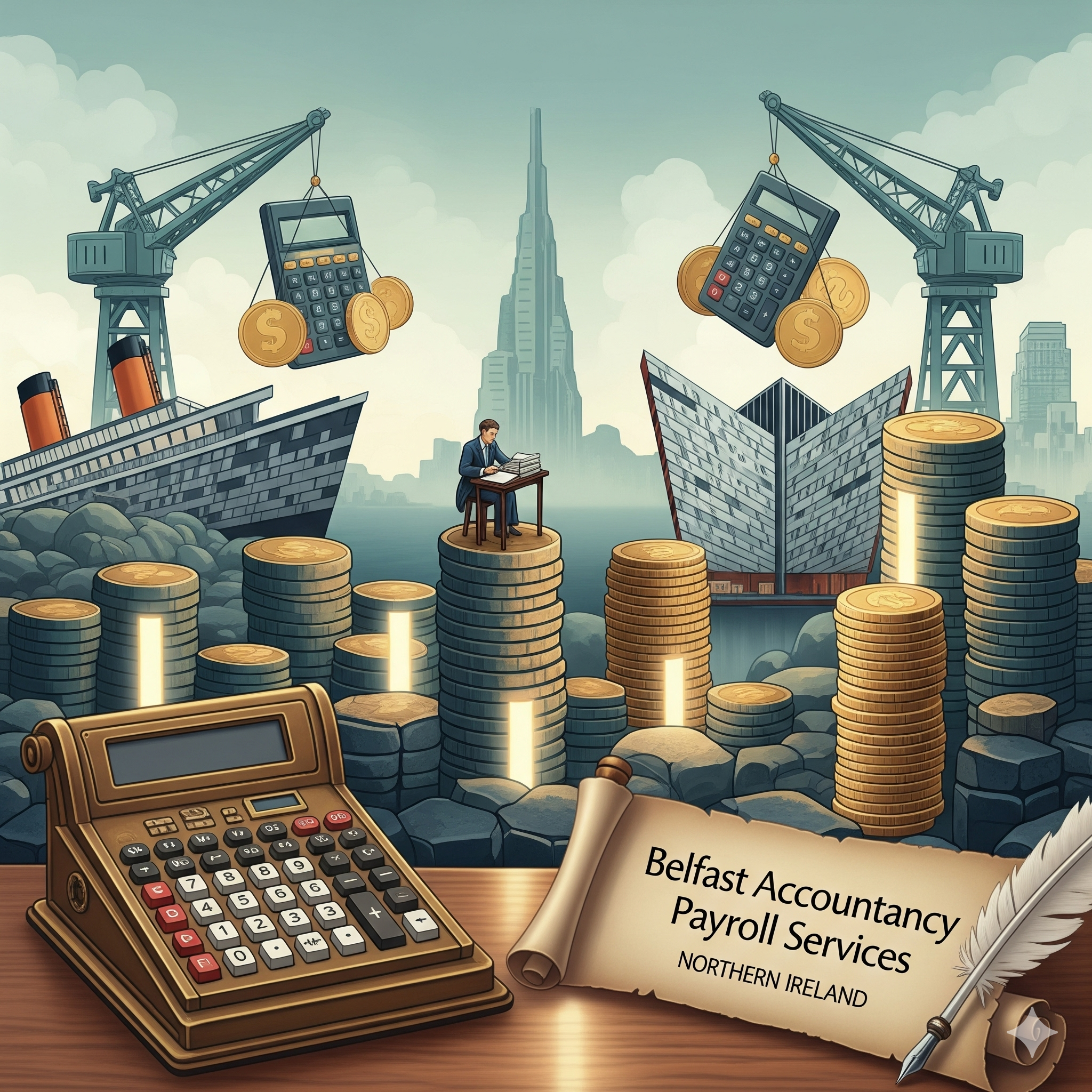 payroll-services A professional and unique image representing Belfast Accountancy Payroll Services, with visual elements that include financial and payroll-related symbols integrated with landmarks from Northern Ireland, such as the Giant's Causeway and the Harland and Wolff cranes.