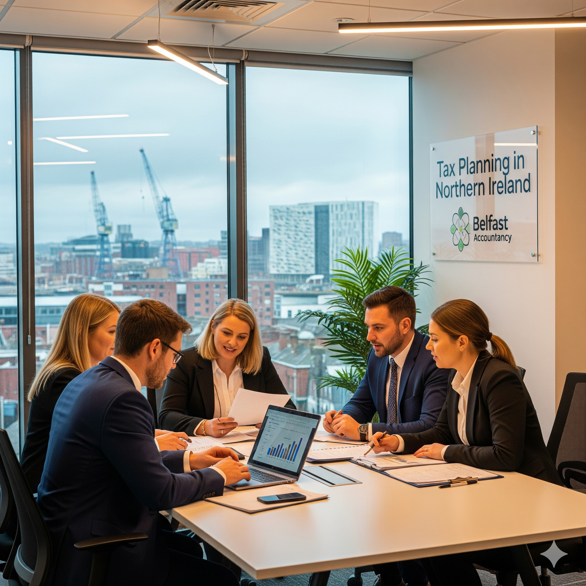 tax-planning A diverse team of financial professionals collaborating on tax planning in a modern Belfast office with a view of the city's iconic skyline.